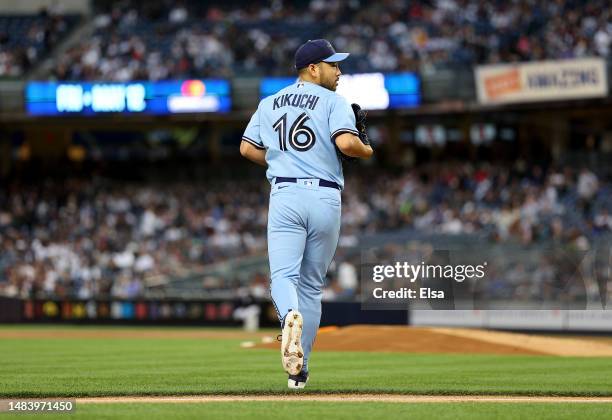 Yusei Kikuchi of the Toronto Blue Jays takes the field in the second inning against the New York Yankees at Yankee Stadium on April 21, 2023 in the...