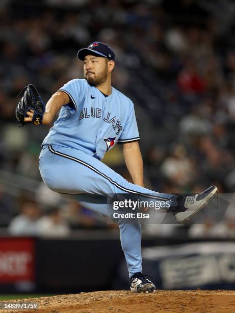 Yusei Kikuchi of the Toronto Blue Jays delivers a pitch in the third inning against the New York Yankees at Yankee Stadium on April 21, 2023 in the...