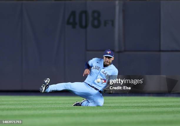 Kevin Kiermaier of the Toronto Blue Jays makes the catch for the out in the third inning making Anthony Rizzo of the New York Yankees out on the play...