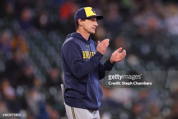 Manager Manager Craig Counsell of the Milwaukee Brewers looks on against the Seattle Mariners at T-Mobile Park on April 19, 2023 in Seattle,...