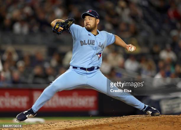 Yusei Kikuchi of the Toronto Blue Jays delivers a pitch in the third inning against the New York Yankees at Yankee Stadium on April 21, 2023 in the...