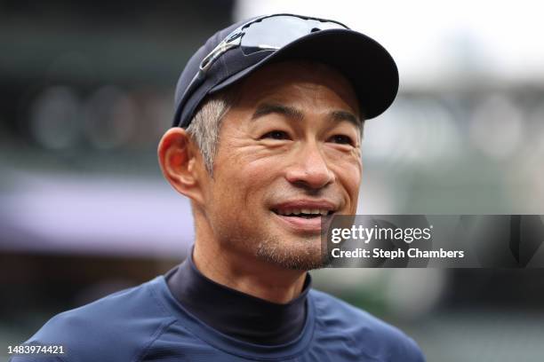 Ichiro Suzuki looks on before the game between the Seattle Mariners and the St. Louis Cardinals at T-Mobile Park on April 21, 2023 in Seattle,...