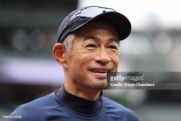 Ichiro Suzuki looks on before the game between the Seattle Mariners and the St. Louis Cardinals at T-Mobile Park on April 21, 2023 in Seattle,...
