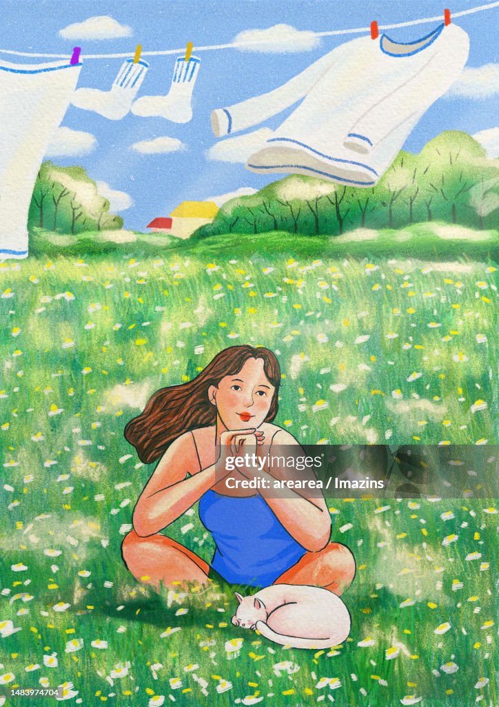 Nature, season, woman, cat, landscape