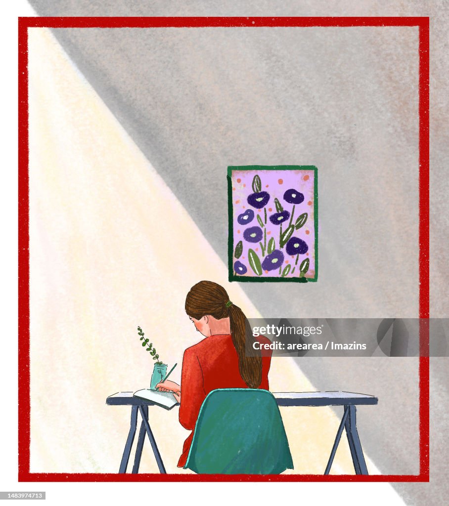 Leisure, solitude, alone, desk, woman, diary, back, view, daily, scenery