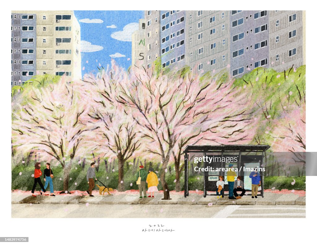 Spring, season, scenery, bus, stop, people, daily, life, apartment, street