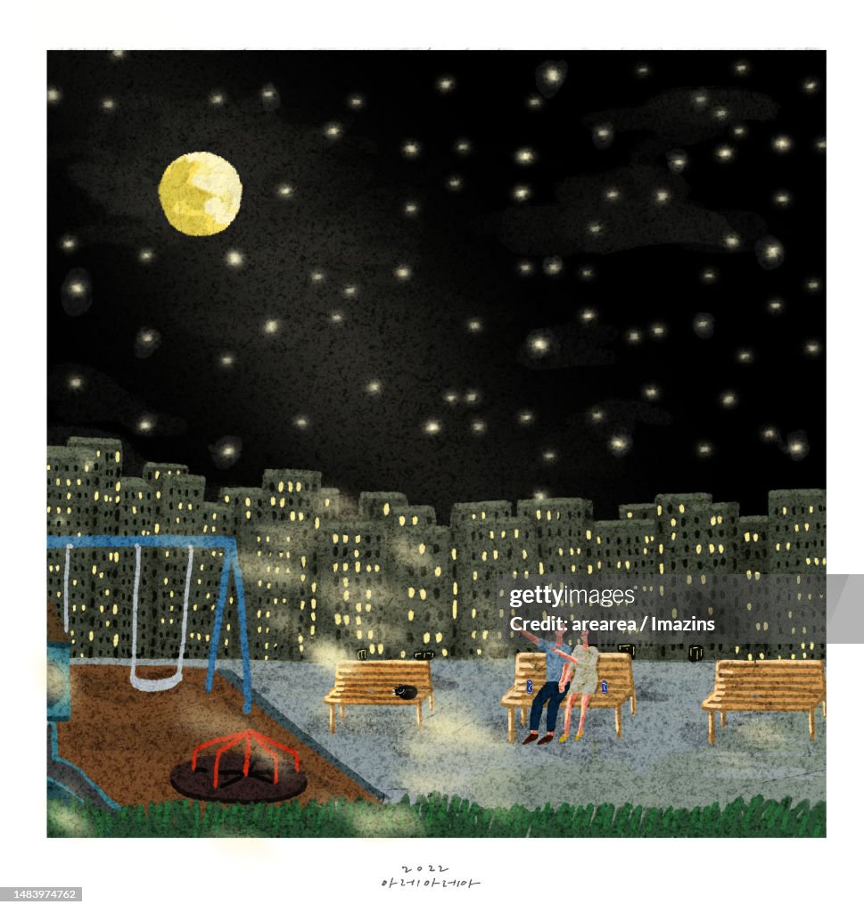 Night, scenery, playground, everyday, date, full, moon, apartment, break