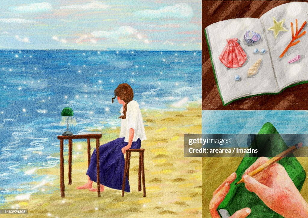 Dreamy, sea, woman, book, shell, sea, life
