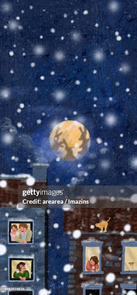 Snowy, day, snowy, scene, house, people, full, moon, happiness, winter, daily, life