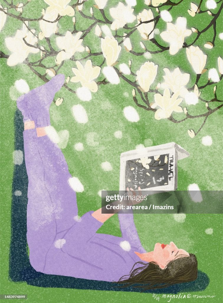 Spring, magnolia, landscape, rest, pajama, reading, book