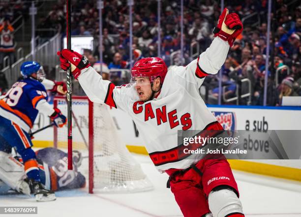 Jesper Fast of the Carolina Hurricanes celebrates after a goal during the second period against the New York Islanders in Game Three of the First...