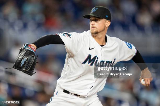 Braxton Garrett of the Miami Marlins pitches against the Arizona Diamondbacks at loanDepot park on April 15, 2023 in Miami, Florida. All players are...