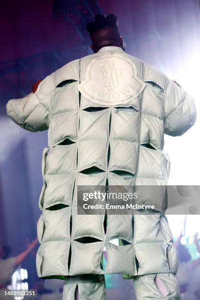 Tobe Nwigwe, coat detail, performs at the Gobi Tent during the 2023 Coachella Valley Music and Arts Festival on April 21, 2023 in Indio, California.