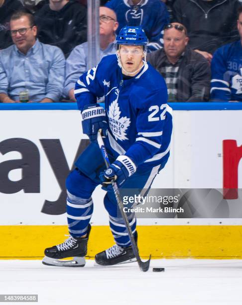 Jake McCabe of the Toronto Maple Leafs skates against the Tampa Bay Lightning during the first period in Game Two of the First Round of the 2023...
