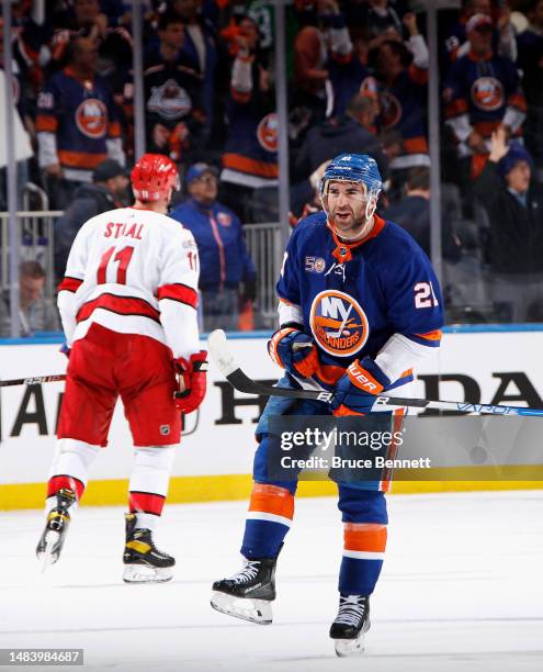 Kyle Palmieri of the New York Islanders celebrates his third period go-ahead goal against the Carolina Hurricanes during Game Three in the First...