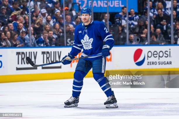 Luke Schenn of the Toronto Maple Leaf skates against the Tampa Bay Lightning during the first period in Game Two of the First Round of the 2023...