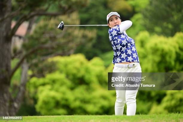 Ritsuko Ryu of Japan hits her tee shot on the 5th hole during the second round of 41st Fujisankei Ladies Classic at Kawana Hotel Golf Course Fuji...