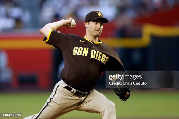 Starting pitcher Seth Lugo of the San Diego Padres pitches against the Arizona Diamondbacks during the first inning of the game at Chase Field on...