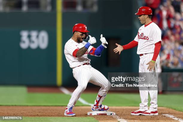 Edmundo Sosa of the Philadelphia Phillies reacts after hitting an RBI single during the eighth inning against the Colorado Rockies at Citizens Bank...