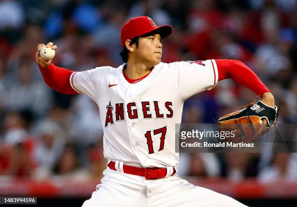 Shohei Ohtani of the Los Angeles Angels throws against the Kansas City Royals in the fourth inning at Angel Stadium of Anaheim on April 21, 2023 in...