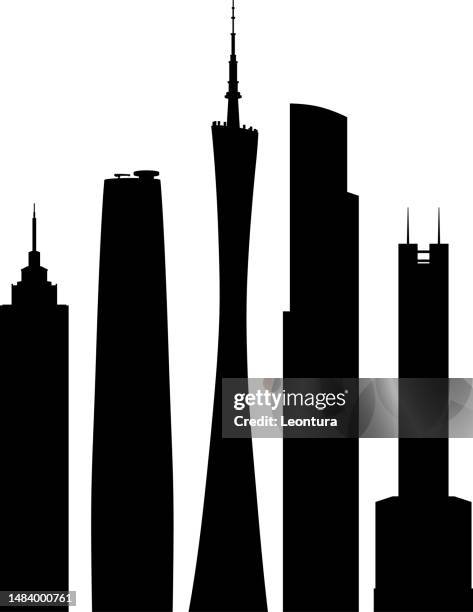 guangzhou modern buildings, china silhouette - canton tower stock illustrations