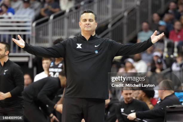 Head coach Sean Miller of the Xavier Musketeers reacts to a call during the Sweet 16 round of the NCAA Men's Basketball Tournament game against the...