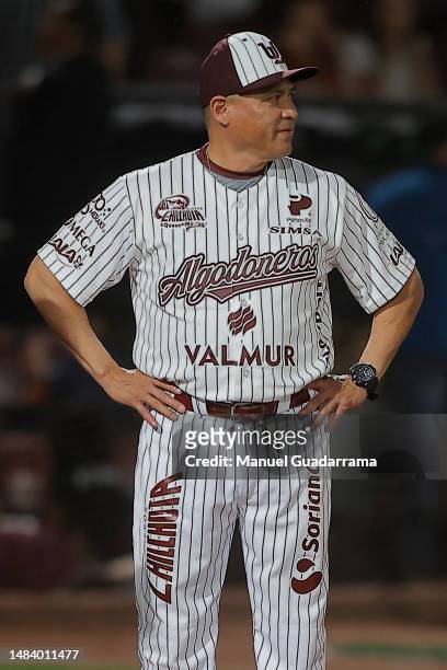 Oscar Robles, manager of Algodoneros del Union Laguna, gestures in the first inning during the game between Sultanes de Monterrey and Algodoneros...