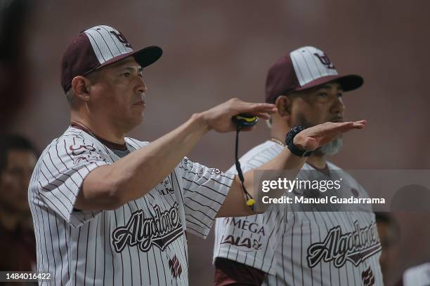 Oscar Robles, manager of Algodoneros gestures in the second inning during the game between Sultanes de Monterrey and Algodoneros Union Laguna as part...