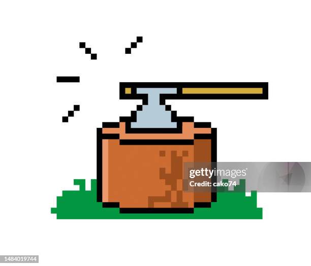 pixel axe and log - chopping stock illustrations