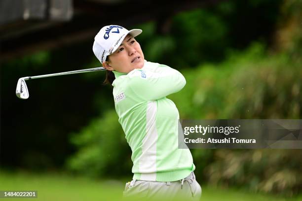 Sakura Yokomine of Japan hits her tee shot on the 11th hole during the second round of 41st Fujisankei Ladies Classic at Kawana Hotel Golf Course...