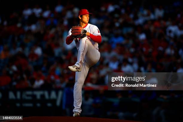 Shohei Ohtani of the Los Angeles Angels throws against the Kansas City Royals in the first inning at Angel Stadium of Anaheim on April 21, 2023 in...