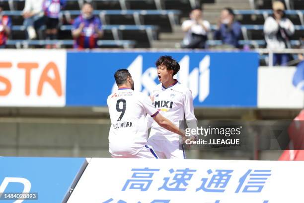 Hotaka NAKAMURA of F.C.Tokyo celebrates scoring his sideʻs first goal with his team mates during the J.LEAGUE Meiji Yasuda J1 9th Sec. Match between...