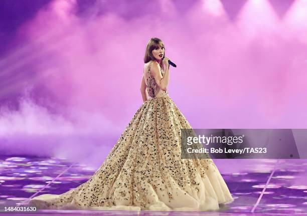 Taylor Swift performs onstage during the Taylor Swift | The Eras Tour at NRG Stadium on April 21, 2023 in Houston, Texas.