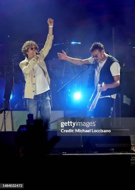 Beck performs onstage with Damon Albarn of Gorillaz at the Coachella Stage during the 2023 Coachella Valley Music and Arts Festival on April 21, 2023...