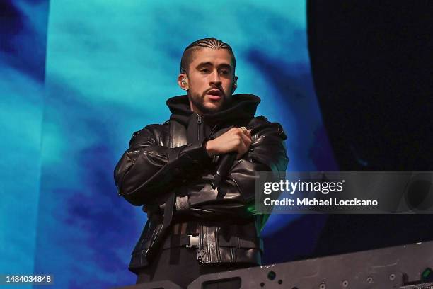 Bad Bunny performs on the Coachella Stage during the 2023 Coachella Valley Music and Arts Festival on April 21, 2023 in Indio, California.