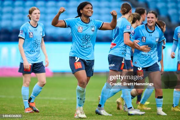Madison Haley of Sydney FC celebrates scoring a goal during the A-League Womens Preliminary Final match between Sydney FC and Melbourne Victory at...