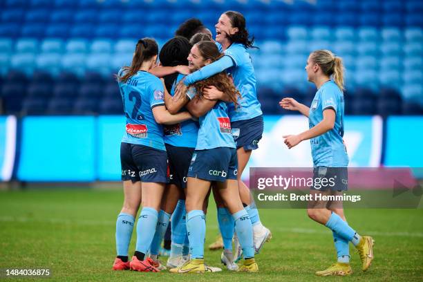 Madison Haley of Sydney FC celebrates scoring a goal with team mates during the A-League Womens Preliminary Final match between Sydney FC and...