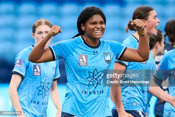 Madison Haley of Sydney FC celebrates scoring a goal during the A-League Womens Preliminary Final match between Sydney FC and Melbourne Victory at...