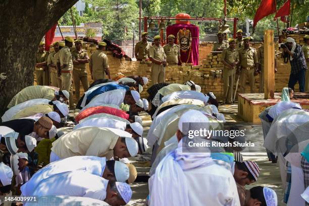 Muslims offer last Friday prayers at Laat Sariya Mosque on the eve of Eid-al-fitr on April 21, 2023 in Varanasi, India. Muslims make up a sizeable...