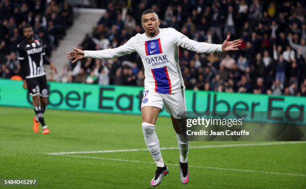 Kylian Mbappe of PSG celebrates his second goal during the Ligue 1 Uber Eats match between Angers SCO and Paris Saint-Germain at Stade Raymond Kopa...