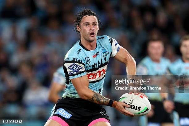 Nicholas Hynes of the Sharks runs the ball during the round eight NRL match between Canterbury Bulldogs and Cronulla Sharks at Accor Stadium on April...