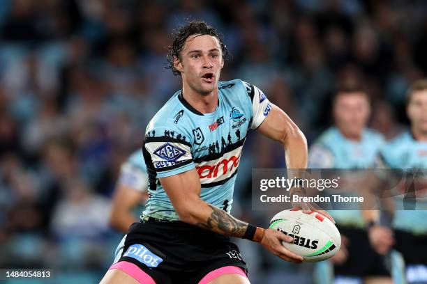 Nicholas Hynes of the Sharks runs the ball during the round eight NRL match between Canterbury Bulldogs and Cronulla Sharks at Accor Stadium on April...