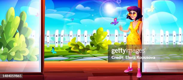 summer concept in cartoon style. a young girl goes for a walk from home on a sunny clear summer day. - private property stock illustrations