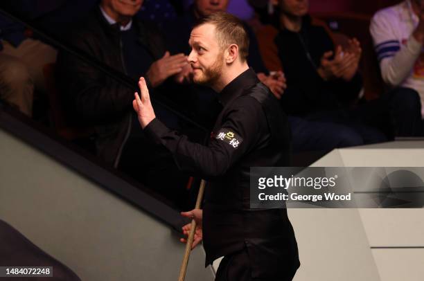 Mark Allen of Northern Ireland celebrates victory following their round two match against Stuart Bingham of England on Day Eight of the Cazoo World...