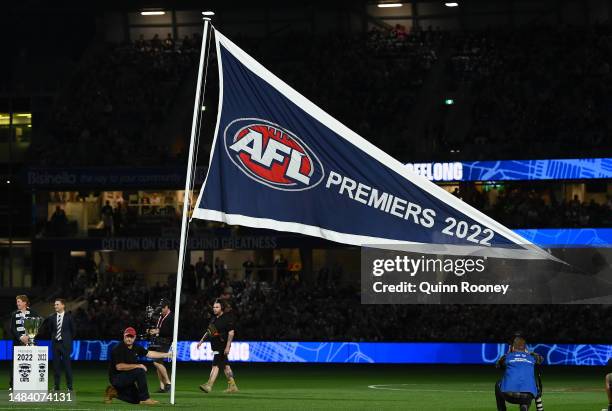 The 2022 Premiership Flag is unveiled during the round six AFL match between Geelong Cats and Sydney Swans at GMHBA Stadium, on April 22 in Geelong,...