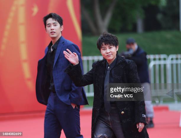 Actor Liang Jingkang and Chinese short track speed skater Wang Meng arrive at opening ceremony red carpet for the 2023 Beijing International Film...