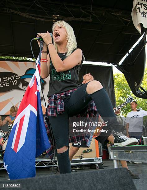 Jenna McDougall of the Australian pop punk band Tonight Alive performs onstage during the 2012 Vans Warped Tour at Klipsch Music Center on July 10,...