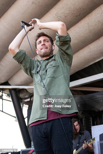 Josh Franceschi of the British rock band, You Me at Six performs onstage during the 2012 Vans Warped Tour at Klipsch Music Center on July 10, 2012 in...