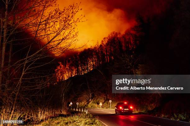 arson fires in asturias, spain. - flammenmeer stock-fotos und bilder