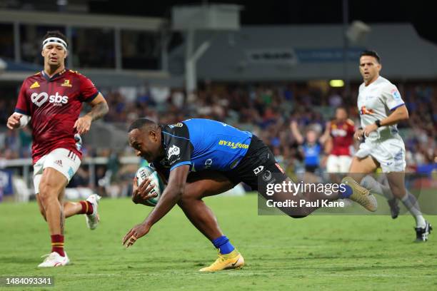 Manasa Mataele of the Force runs in for a try during the round nine Super Rugby Pacific match between Western Force and Highlanders at HBF Park, on...